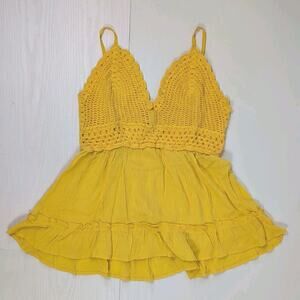 Blush Womens L Yellow Crochet Peplum Tank Top Boho Ruffle Hem Y2K Festival Cami